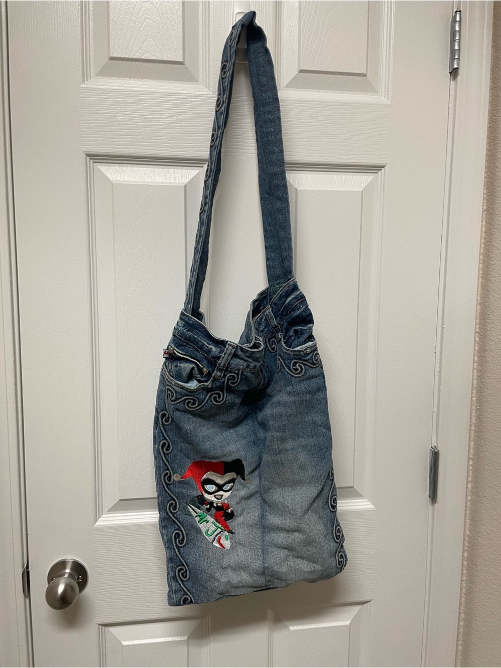 Denim Shoulder Tote Bag with Red and Black Accent - Women Bags